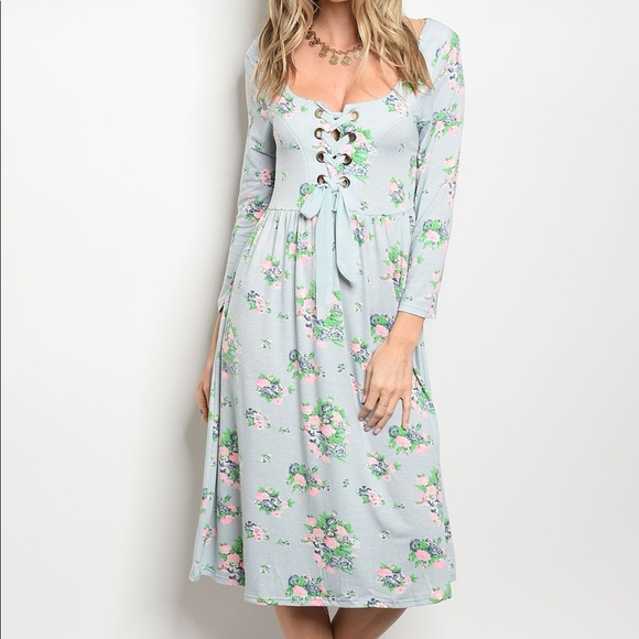 Dresses & Skirts - Pastel Floral Lace Up Midi Dress